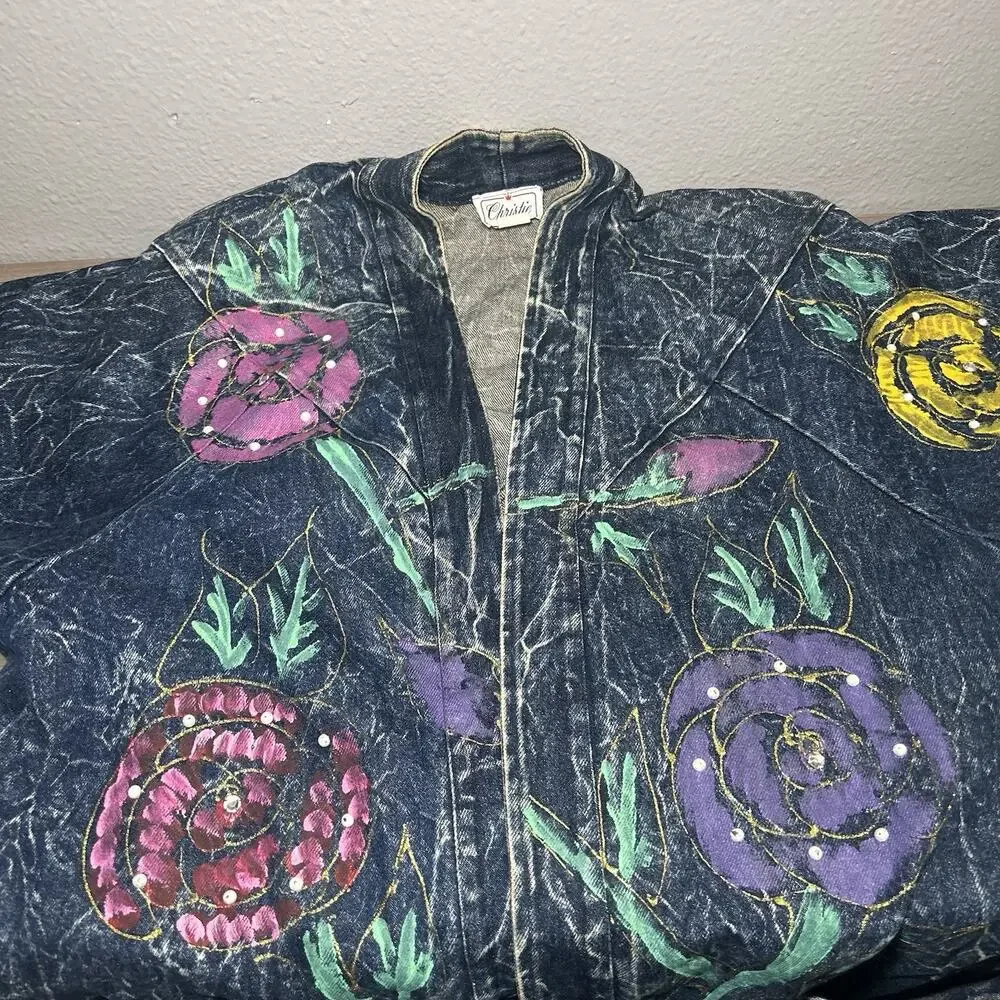 Vtg Christie Of California Denim Jacket Hand Painted Acid Washed Art to Wear 14